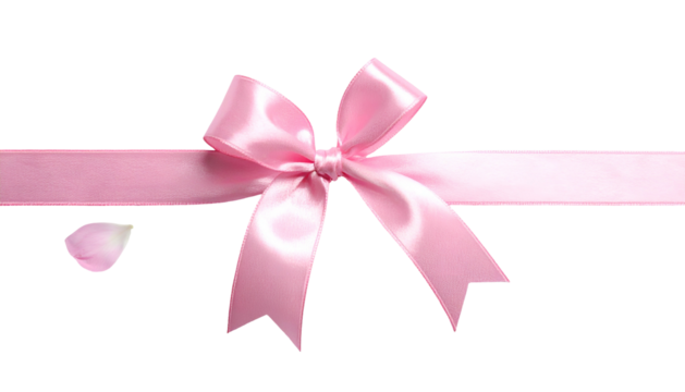 Pink satin ribbon bow tied on ribbon strand, petal beside - Powered by Adobe