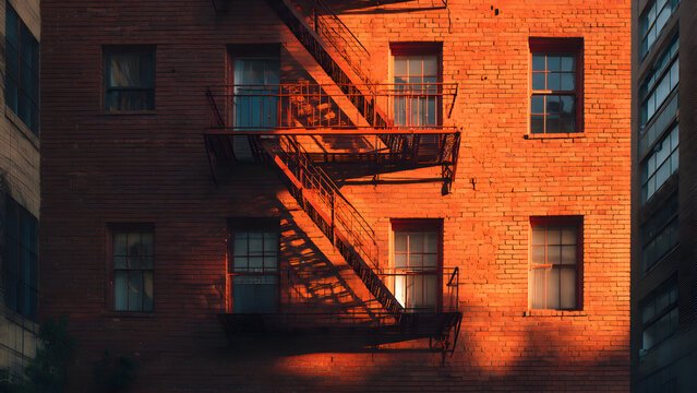 A calm urban exterior showing a geometric zig-zag fire escape on a brick building captured at soft sunset light