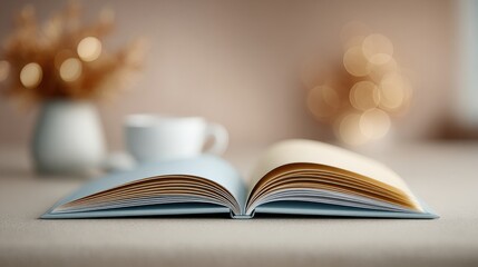 A book is open on a table with a cup next to it