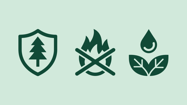 Three green icons depicting forest protection fire safety and water conservation on a light background - Powered by Adobe