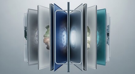 Symmetrical Carousel of Modern Smartphones Displaying Abstract Digital Interfaces.