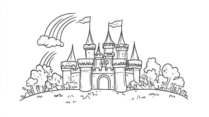 Fototapeta premium Illustrative cartoon drawing of a majestic castle with flags, on a hilltop with rainbows and clouds