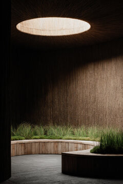A tranquil indoor space showcases a circular skylight illuminating a lush moss garden