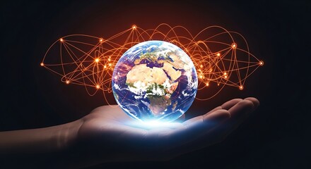 A human hand cups a shining, realistic globe of the Earth, which is enveloped by a complex web of glowing orange data connection lines, symbolizing global communication