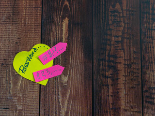 Password security concept heart strong weak notes wood background copy space