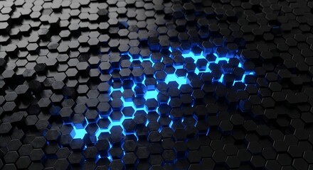 Futuristic Dark Hexagon Grid with Vibrant Blue Light Glow Abstract Geometric Pattern.