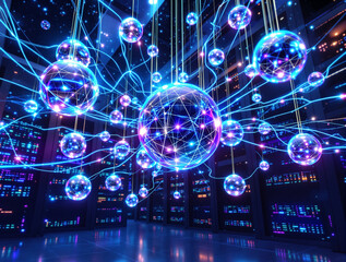 Illuminating Innovation: A futuristic data center pulses with energy, showcasing glowing spheres connected by intricate networks.