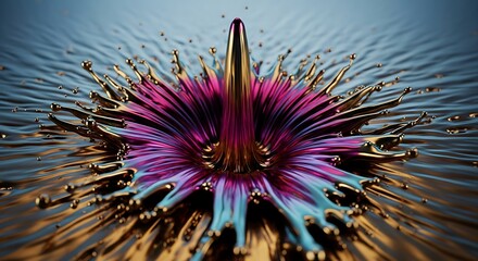 Iridescent Liquid Splash Golden Droplets and Vibrant PurpleBlue Flow.