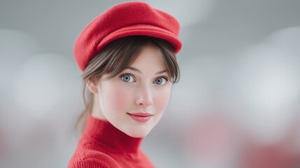 A woman wearing a red hat and a red sweater