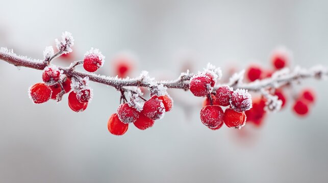 Frosty red berries on a winter branch - Powered by Adobe