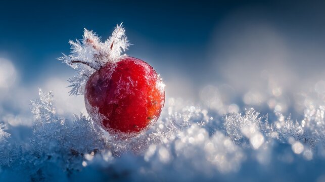 Frozen red berry covered in ice crystals