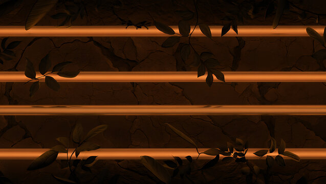 Abstract Background with Glowing Orange Horizontal Lines Overlaying Dark Silhouettes of Tropical Foliage, Evoking a Mysterious and Modern Nature-Inspired Design for Digital Media