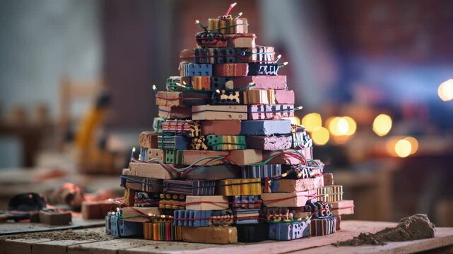 Creative pyramid: tower of colorful firecrackers illuminated with festive lights
