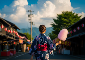 Fototapeta premium 綿アメを持ち、古い町並みを歩く浴衣姿の女性の後ろ姿