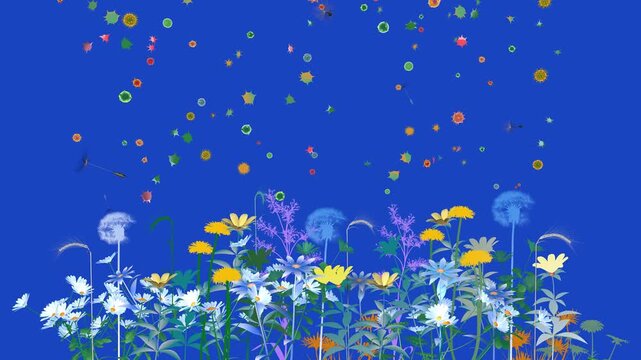 3D animation of various flowers, plants, and pollen moving in the air. These trigger allergies in the spring season. Graphic style with flat colors on a blue background.