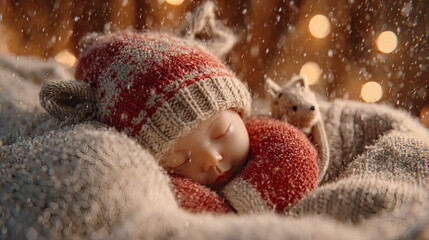 Peaceful baby bundled in warm winter clothes sleeps soundly with a toy companion in soft snow.