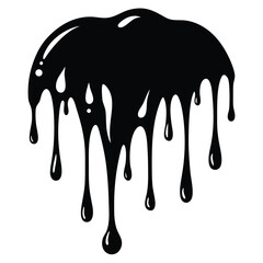 Black fluid flows downward in thick streams with distinct drip patterns against a backdrop