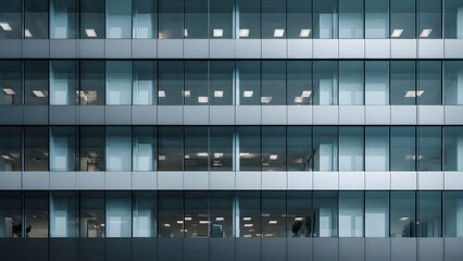 A minimal office facade with evenly spaced rectangular glass panels arranged symmetrically across the entire structure