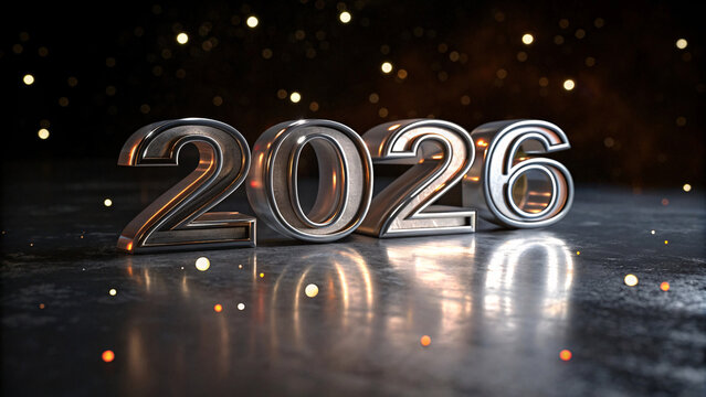 3D metallic chrome typography '2026', dramatic lighting, glossy finish, dark background, subtle sparkles, high-detail, New Year theme