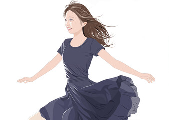 風になびいて踊る若い女性イラスト
