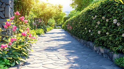 Obraz premium Scenic Stone Pathway Through Lush Garden with Flowers and Greenery.