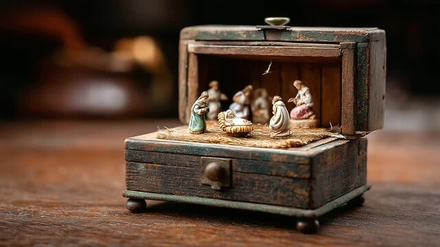 Antique music box nativity, tiny tin figures revolving, soft lullaby notes, worn wood finish, intimate reverence, with copy space