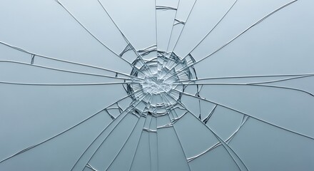 Shattered Symmetry Intricate Radial Cracks on a Broken Pane of Cool Blue Glass.