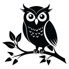 Black owl perches on a branch with foliage in simple monochrome line work