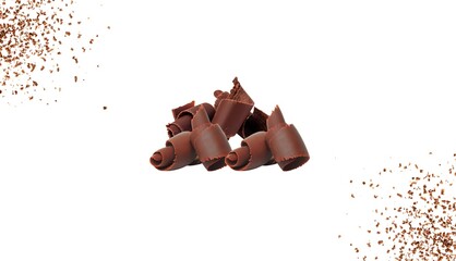 Premium Cocoa Powder & Chocolate Curls - Dessert Ingredient Set - on White Background. Great for dessert branding, chocolate packaging, recipe books, bakery visuals, and culinary advertising. 