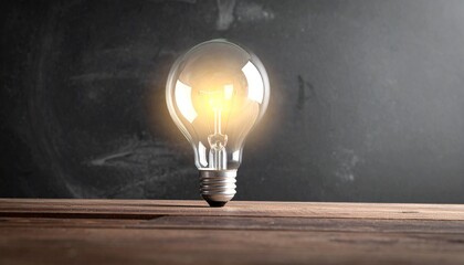 Glowing light bulb on wood with dark backdrop