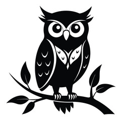 Black silhouette of owl perched on a leafy branch looks straight ahead with round eyes