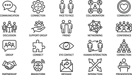 Communication, Teamwork, and Social Connection Outline Icons Set Collaboration, Networking, Partnership, Discussion, Presentation, and Human Interaction Vector Illustration.