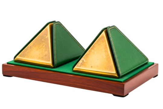 Two golden metal pyramids mounted on a wooden base with green trim isolated on transparent background