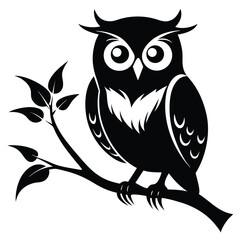 Stylized owl perched peacefully on a leafy branch exhibits a bold, monochrome simplicity