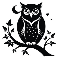 Black owl perched on tree branch watching the stars under the crescent moon above