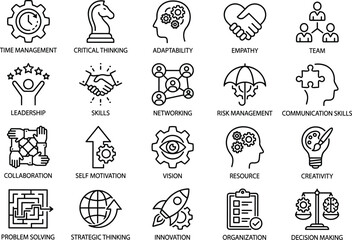 Soft Skills and Personal Development Outline Icons Set Leadership, Teamwork, Critical Thinking, Creativity, Adaptability, Networking, and Decision Making Vector Illustration.