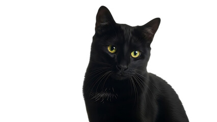 Close up portrait of a sleek black cat with piercing green eyes against a dark background looking at viewer