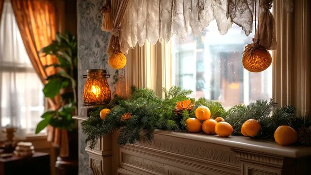 Edwardian parlor with fireplace, real evergreen garland, orange-and-clove pomanders, lace curtains, gentle snowfall outside, with copy space