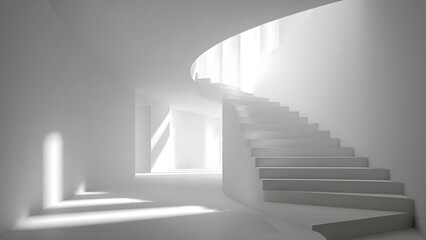 A modern white staircase with soft diffused light projecting repeating stripe shadows on the steps and side walls
