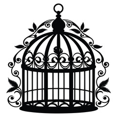 Silhouette portrays an elegant birdcage adorned with swirling botanical elements, creating a captivating artistic expression