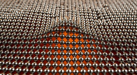 Mesmerizing Metallic Sphere Pyramid on Warm Orange Background with Bokeh Depth.