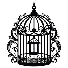 Black silhouette shows an ornate birdcage with floral swirls and a hanging loop
