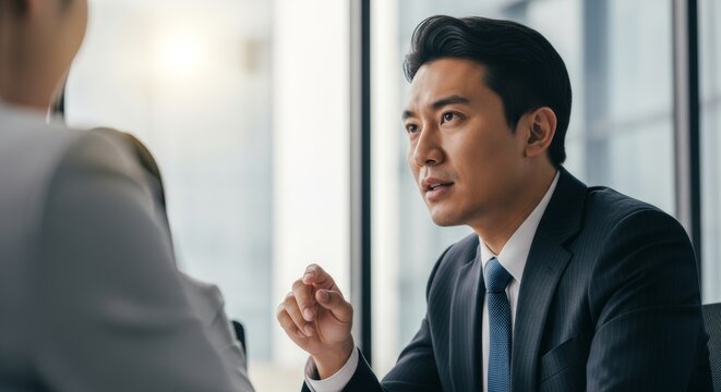 Focused Asian Businessman Engaged in Serious Discussion.