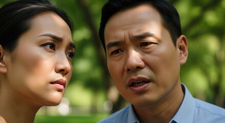 Serious Asian couple having a discussion outdoors.