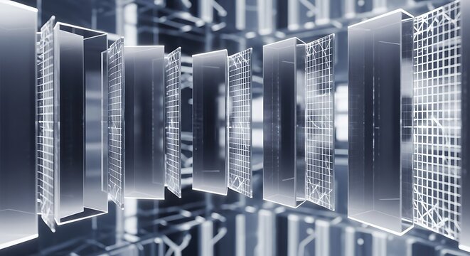 Exploded View of Layered Glass Panels with Etched Digital Grids in a HighTech Array.