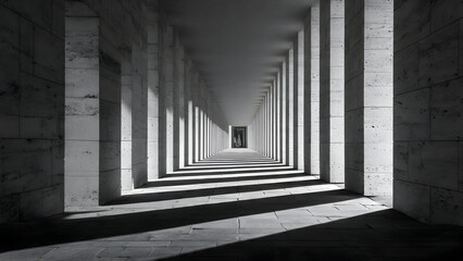 Fototapeta premium A narrow bright alley with repeated vertical elements casting delicate aligned shadows in a clean minimal rhythm