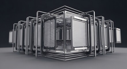 Futuristic Array of Polished Metallic Cubes with Intricate Grid Layers.