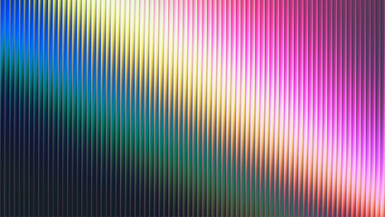 Shimmering ribbed glass surface with smooth radiant gradient. Nostalgic retro fractal glass gradient through narrow reflective grooves. Vertical glass fins illuminated by a vibrant multicolor gradient