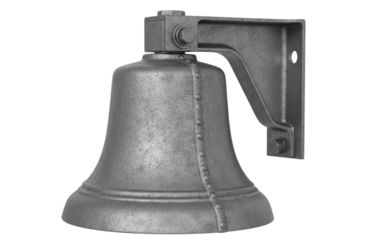 Large grey metal bell mounted on a sturdy iron wall bracket isolated on transparent background