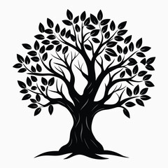 A black tree stands prominently, its branches and leaves intricately detailed in shadow